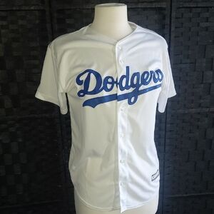 Genuine Merchandise White Dodgers Button-Up Jersey with Blue Script Youth Large